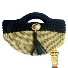 ハンドメイド 麻紐×ズパゲッティ マルシェバッグ 黒 コンチョ付き かご