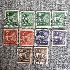 8554【消印有：海外切手(スウェーデン)】ライオン切手 5種10枚