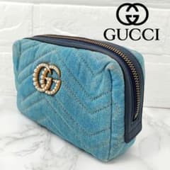 GUCCI グッチ GGマーモント コスメポーチ ブルー デニム グッチ GGマーモント デニム ポーチ コスメポーチ キルティング ブルー