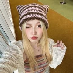 帽子　キャップ　猫耳　ボーダー　ニットキャップ　スクエアワッチ　ニット帽　ピンクのサムネイル