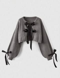 Shein リボン 付き ショート丈 ニットカーディガン グレー かわいいのサムネイル