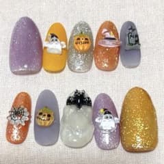 ネイルチップ ハンドメイド ハロウィン 紫 オレンジ 　ハロウィンネイルのサムネイル