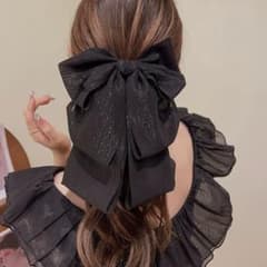 【新作】レディース　リボン　ヘアゴム　黒　ブラック　ポニーテール　ロングのサムネイル