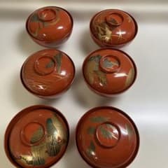 漆器 蓋付き椀 6客セット 蒔絵 朱塗り - メルカリ
