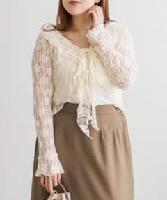CLETTE フリルリボンフラワーレースカーディガン　アイボリー 3Lのサムネイル