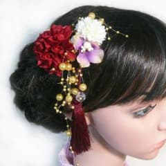 髪飾り 成人式 卒業式 結婚式 花 菊と紫陽花房パール付 赤 袴 振袖 着物のサムネイル