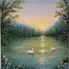 空*様 湖畔の白鳥と夕景｜アクリル画 原画 風景画 キャンバスアート