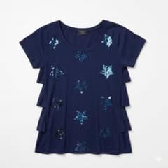 ネイビー 星型スパンコール 半袖Tシャツ　バックスタイル共布フリルのサムネイル