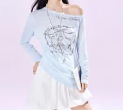 水色 オフショルダー 長袖トップス ガーリー リボン 韓国風＋Tシャツおまけ付きのサムネイル
