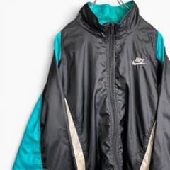 90s NIKE 銀タグ ナイロンジャケット 刺繍ロゴ ブラック ターコイズ