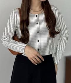 【美品】callautia クロップドボーダーカーディガン　ホワイトのサムネイル
