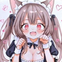 o*n様 手描きイラスト色紙 猫獣人メイド少女 茶髪ツインテール