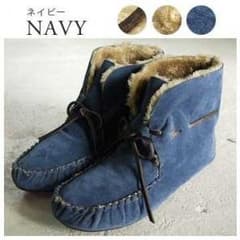 ネイビー　もこもこファーモカシン 2WAY ショートブーツのサムネイル