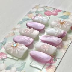 ネイルチップ現品オーダーフラワーネイルマグネット春桜 チークネイル ピンク 上品のサムネイル