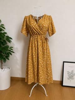 花柄 カシュクール 半袖 ロングワンピース マスタードのサムネイル