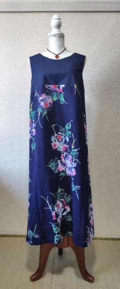 浴衣リメイク ロングワンピース藍地モザイク風バラ×紺色切替Lサイズ24_20_2のサムネイル