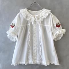 美品✨ピンクハウス　いちご刺繍　綿100 フリル　パフスリーブブラウス　半袖　L 美品✨ピンクハウス いちご刺繍 綿100 フリル パフスリーブブラウス