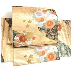 極美品！扇華文様 シャンパンゴールド 桜 菊 正絹 袋帯 二重太鼓 作り帯 美品 正絹 楽帯 袋帯 金彩 華 二部式 二重太鼓 作り帯 - メルカリ