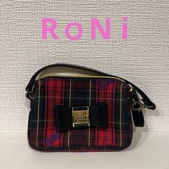 RONI ロニィ チェック柄 リボン ポーチ ハンドル付き レッド ブラック