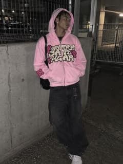 Y2K SWAG ピンク ジップアップパーカー グラフィック ストリートdripのサムネイル