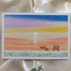 カピバラと海 花畑 オイルパステル画 アクリル画 ハガキサイズ 風景画