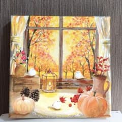秋の窓辺❄︎15cmキャンバス❄︎紅葉とカボチャ❄︎シマエナガ❄︎アクリル画レジンのサムネイル