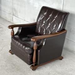 ★1980年代★morishigeオリーブ印 アームチェア 本革 国産高級家具① ☆モリシゲ☆MORISHIGE オリーブ印 ダイヤモンドステッチ アームチェア
