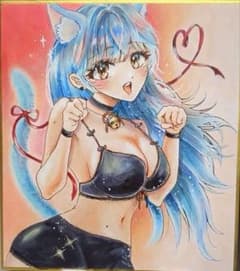 オリジナル手描きイラスト アナログ コピック 色紙 原画 水着 猫耳
