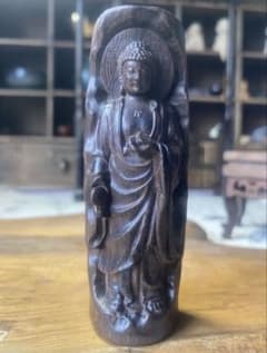 送料無料　黒檀一木彫　透かし彫り置物　高さ約 22ｃｍ 極上品】木彫 仏像 阿弥陀如来立像 一本彫 総高 10cm 黒檀精密彫刻