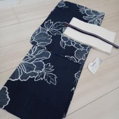新品☆呉服屋♪粋！大人上品なしじら織　夏着物　浴衣３点セット 新品☆呉服屋♪吸水速乾！大人上品な紺 牡丹 上品な夏着物 浴衣3点