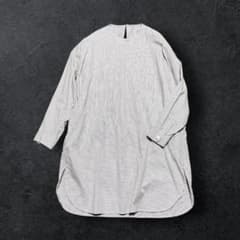 ゴーシュ 。】コットン ノーカラー チェック 長袖 ロング シャツ 