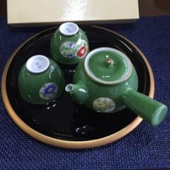 茶器5客セット【草花緑彩】丸盆付き 値下げ中のサムネイル