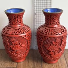 美術品】中国古玩 堆朱 花瓶 唐物 彫漆 風景 紋 飾り壺 2点セット