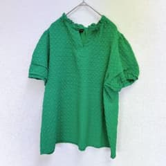 チアンジドゥ ブラウス フリル半袖 格子 L グリーン ストレッチ お出かけのサムネイル