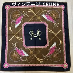 ヴィンテージ CELINE セリーヌ　シルク　スカーフ 大判　総柄　馬車　馬具 ヴィンテージ CELINE セリーヌ シルク スカーフ 大判 総柄 馬車 馬具