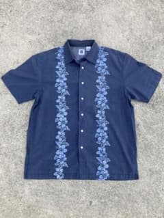 【良品】　GAP 半袖アロハシャツ ネイビー　花柄 古着　S ストライプのサムネイル
