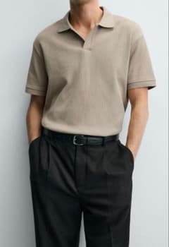 ZARA リブニット ヘンリーネック ポロシャツ ベージュ Mのサムネイル