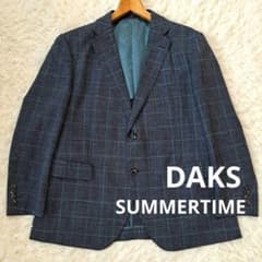 美品 DAKS SUMMERTIMEテーラードジャケット 紺チェック柄 大きめL 
