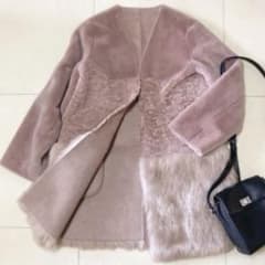 【美品】フェイクファー　コート　エコファーピンクベージュ　アウター　女子力　M 美品】フェイクファー コート エコファーピンクベージュ アウター 女子