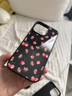 GLOWNY iPhone 용 케이스 체리 로즈 무늬 블랙