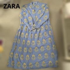 ZARA 花柄刺繍 シャツワンピース ブルー　Sサイズのサムネイル