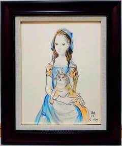 F6号】藤田嗣治【猫を抱く少女】肉筆保証/表裏サイン有/鉛筆/水彩/額縁