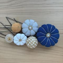 【普通郵便】お花のかんざし　特大・中小5本セット　紺色　お祭り髪飾り