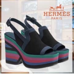 HERMES スエード ストライプ ウェッジソール サンダル - メルカリ