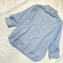 美品★マーガレットハウエル 丸襟 青系ストライプ 七分　ブラウス　フリル