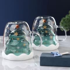 クリスマス ツリー ガラスマグカップ 300ml 二重ガラス 立体ツリー 耐熱のサムネイル