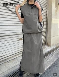 グレー セットアップ ロングタイトスカート ハイネックジップノースリL