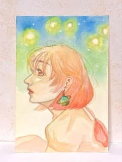 水彩原画 ミニ原画 手描きイラスト 女の子 星 約14.7×10cmのサムネイル