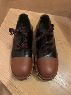 PRADA ブーツ 革靴 厚底 ブラック 黒×えんじ 金具 35 ハーフ ワーク 