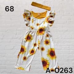 ❇︎美品❇︎女の子　ひまわり柄 ロンパース ヘアバンド　３点セット　60-70cmのサムネイル